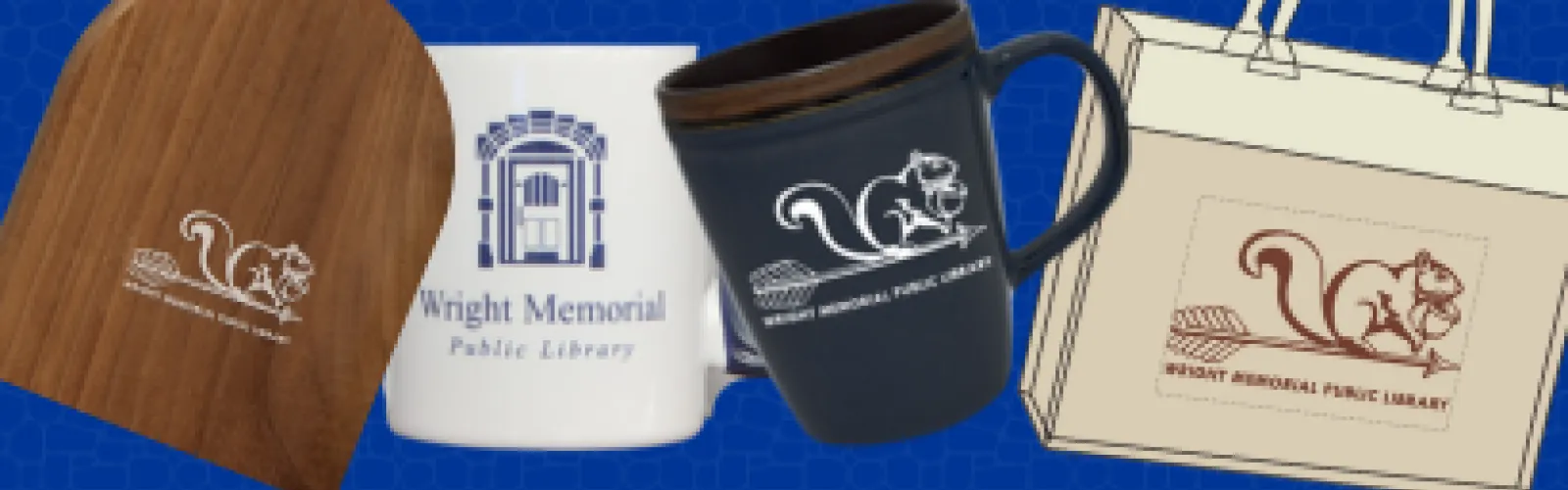 Wright Library merchandise includes book ends, mugs, and bags.