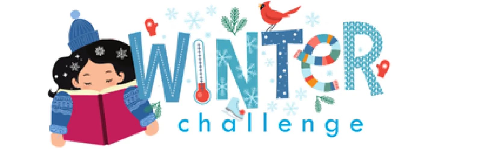 Cartoon girl with winter hat and mittens reading a book surrounded by snowflakes and winter icons.