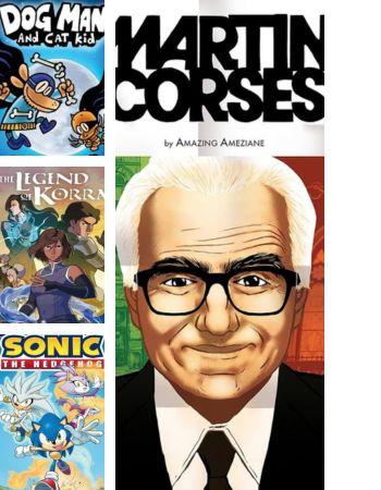 Graphic Novels selection including Martin Scorsese, Dog Man, Legend of Korra, and Sonic the Hedgehog